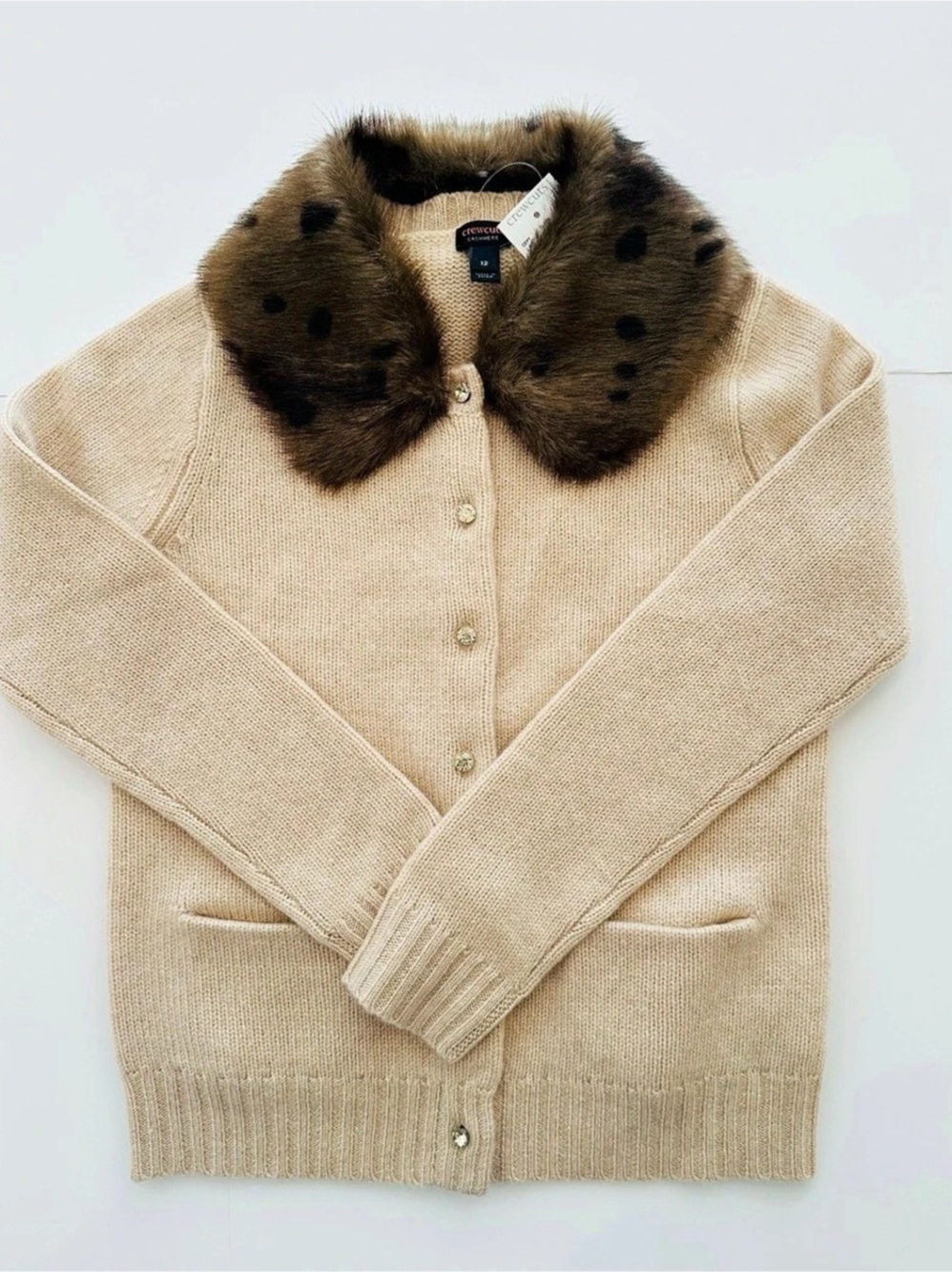 NWT J.Crew Crewcuts 100% Cashmere Cardigan in Camel, Size 12, removable faux fur